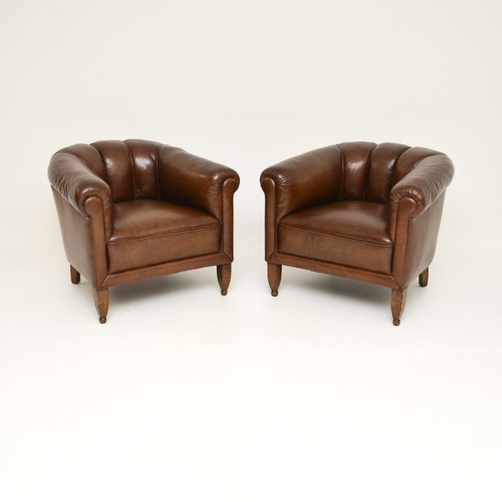 Pair of Antique Swedish Leather Club Armchairs
