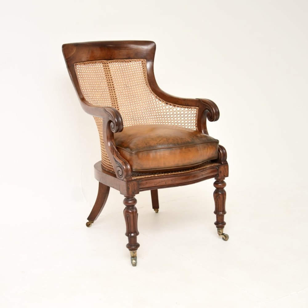 Antique William IV Period Mahogany and Leather Caned Armchair
