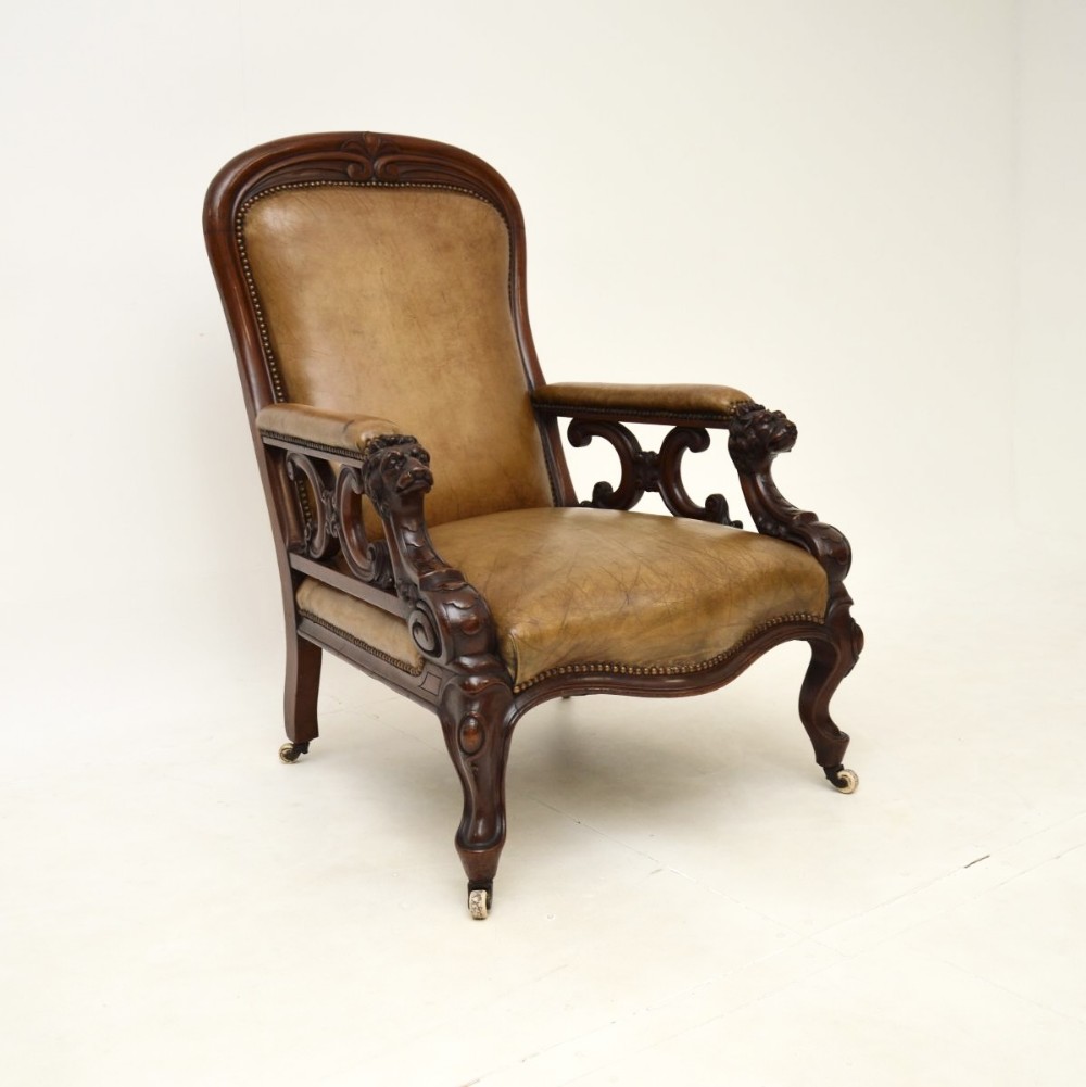 Antique Victorian Carved Mahogany and Leather Armchair
