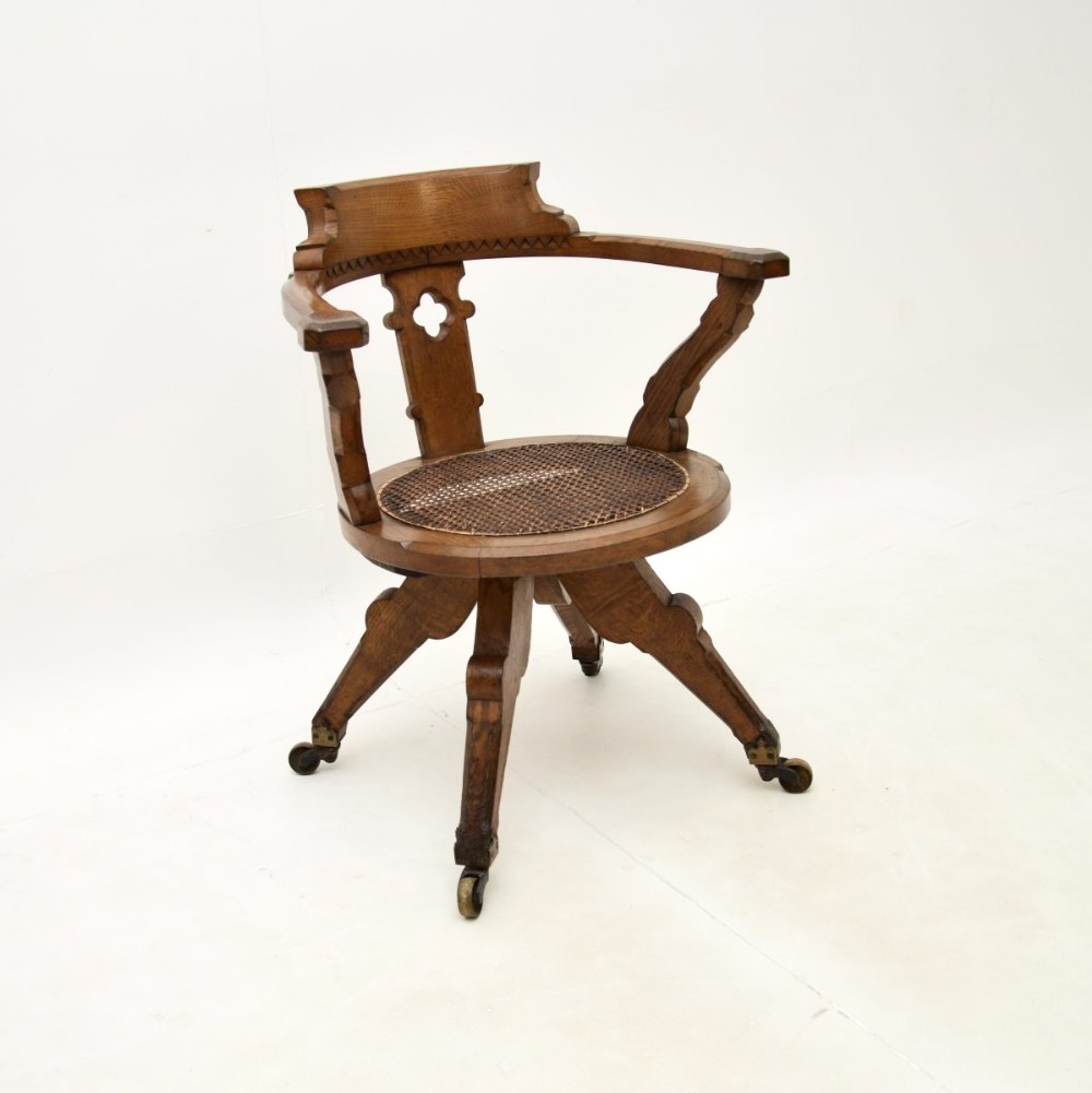 Antique Victorian Gothic Revival Solid Oak Swivel Desk Chair
