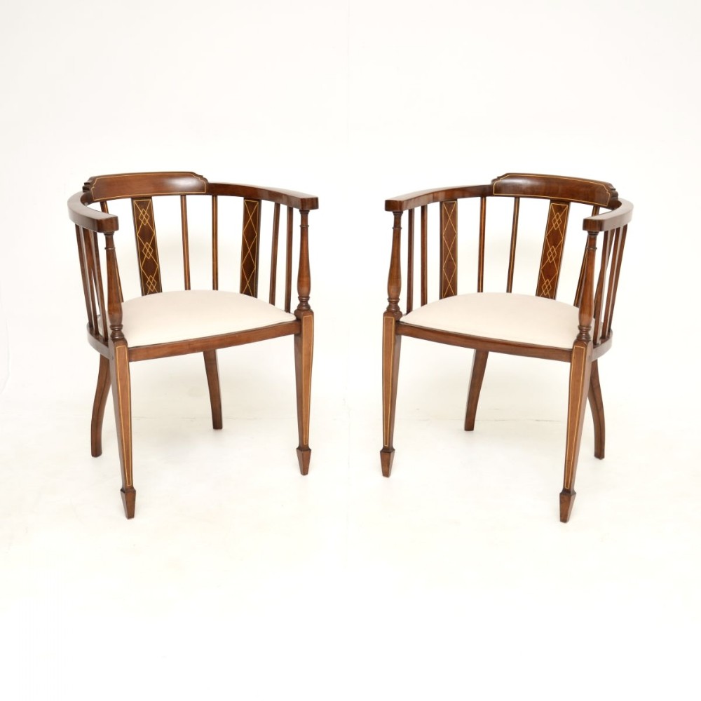 Pair of Antique Edwardian Inlaid Walnut Armchairs
