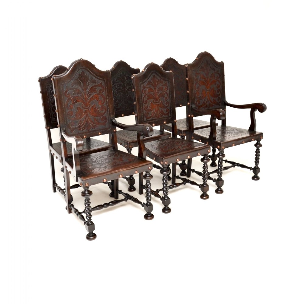 Set of Six Antique Portuguese Embossed Leather and Walnut Dining Chairs
