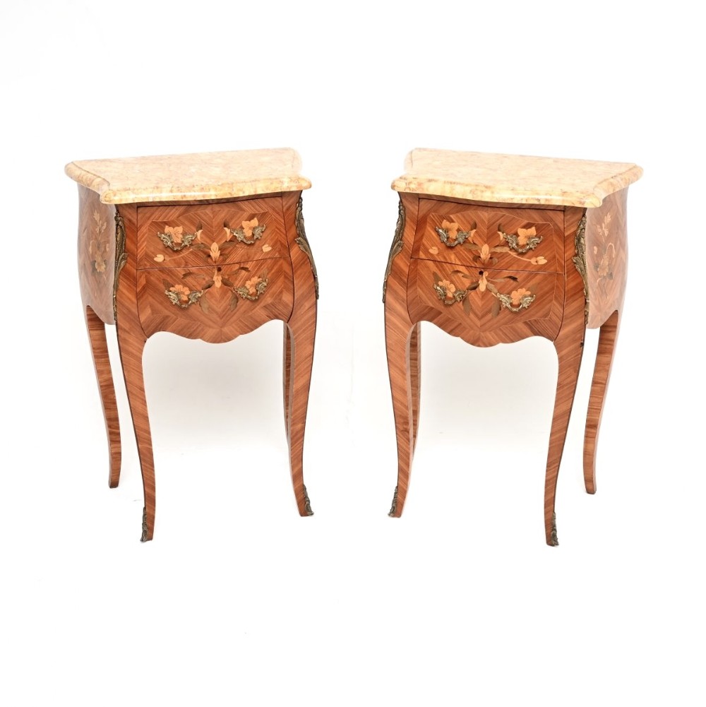 Pair of Antique French Inlaid Marquetry Marble Top Bedside Chests
