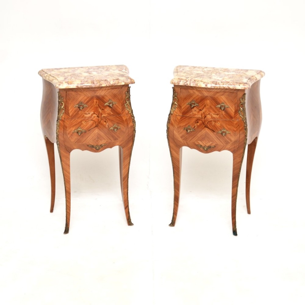 Pair of Antique French Inlaid Marquetry Marble Top Bedside Chests
