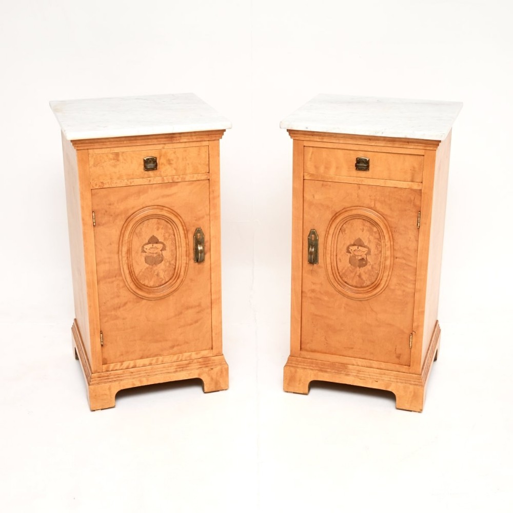 Pair of Antique Swedish Satin Birch Marble Top Bedside Cabinets
