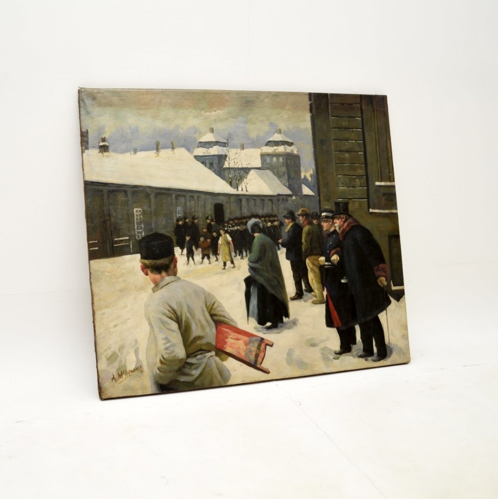 An unframed antique oil painting depicting figures gathered in a snow-covered town square under an overcast sky.