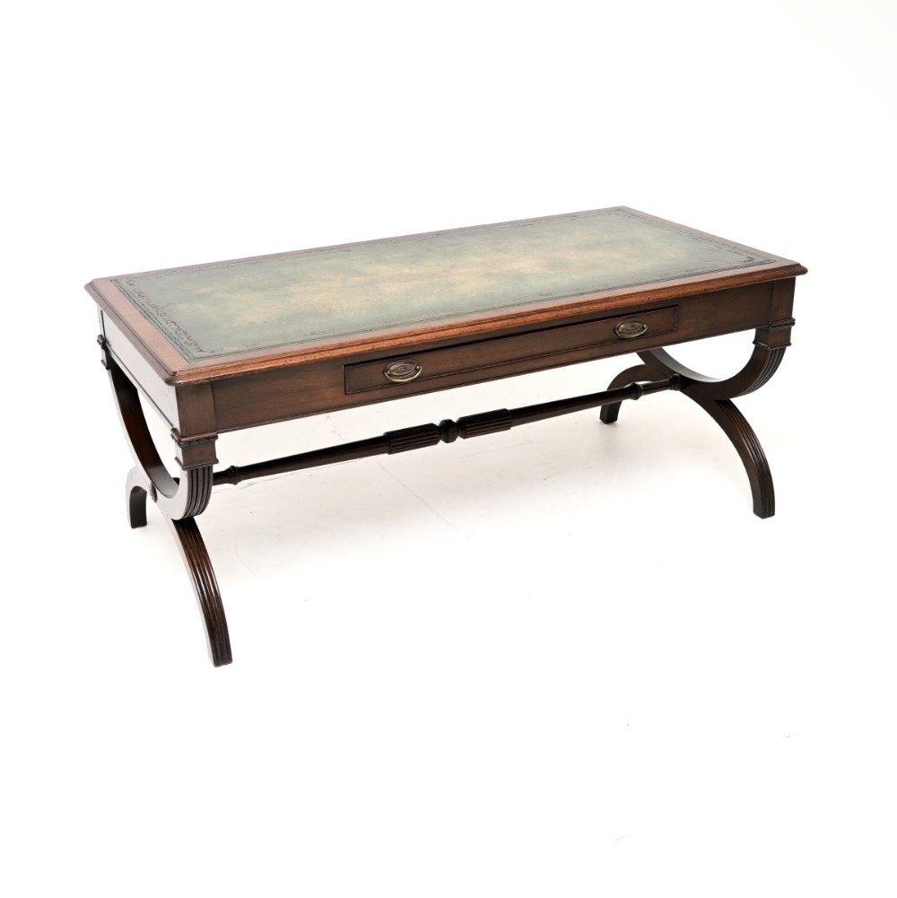 Antique Regency Style Leather Top Mahogany Coffee Table
