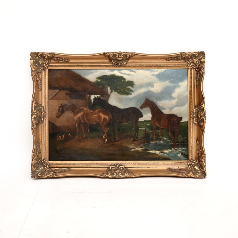 Antique Georgian Period Oil Painting of Horses
