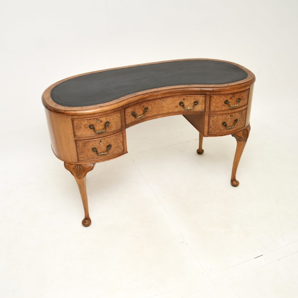 Antique Burr Walnut Leather Top Kidney Shaped Desk
