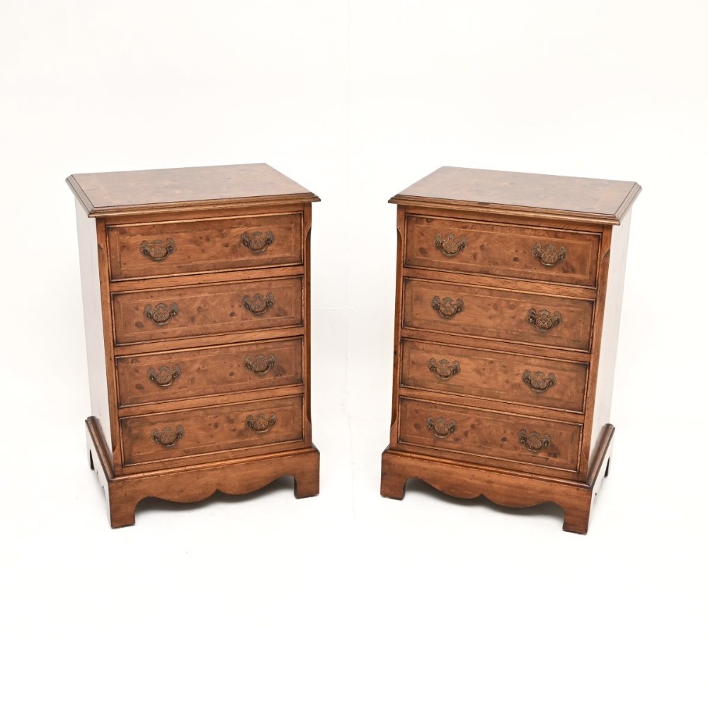 Pair of Antique Georgian Style Burr Walnut Bedside Chest of Drawers
