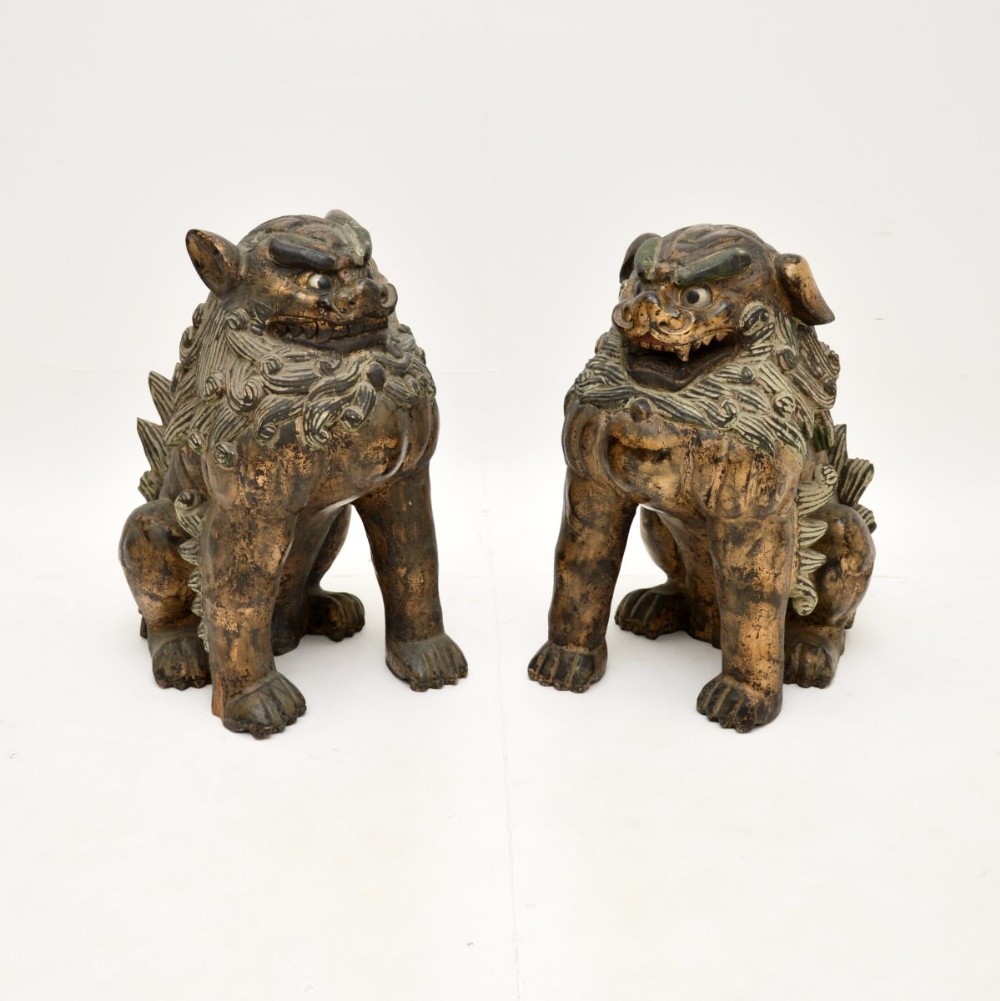 Pair of Antique Chinese Carved Wood Foo Dog Statues
