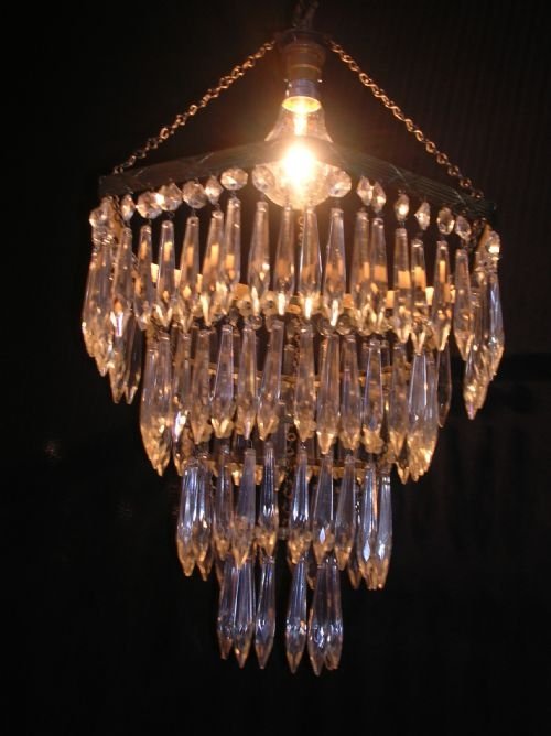 Antique Edwardian Brass and Crystal Hanging Hall Lantern Chandelier Light. C1910.