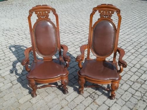 Antique Pair Large Oak Armchairs