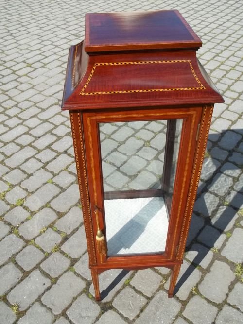 Antique Small Square Upright Narrow Pedestal Mahogany Display Bijouterie Cabinet