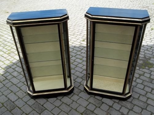 Antique Pair of Ebony and Brass Mounted Pier Display Vitrine Bookcase Jewellery Collector Curio Cabinets with Adjustable Book Shelves. C.1870.