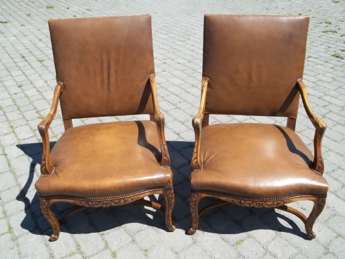 Antique Pair Leather Upholstered Armchairs