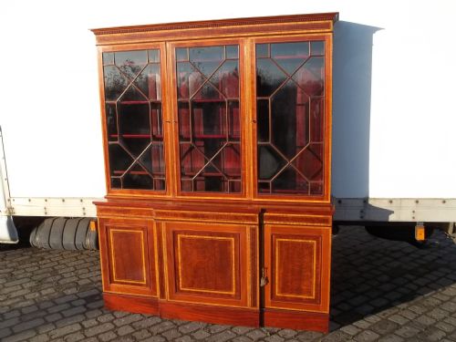 Antique Mahogany Breakfront Triple Bookcase Cupboard