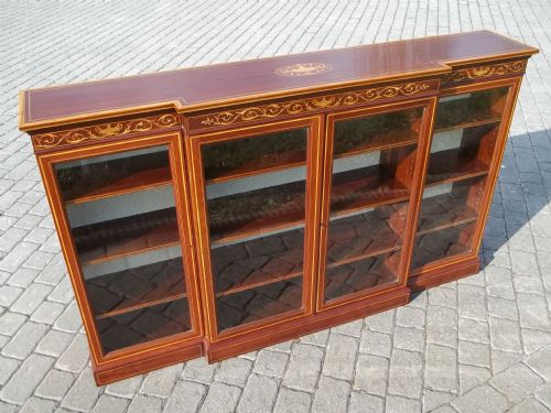 Antique Mahogany Inlaid Dwarf Breakfront Bookcase
