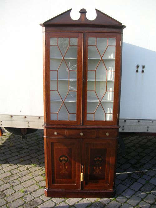 Antique Mahogany Inlaid Standing Corner Display Bookcase Cabinet Cupboard