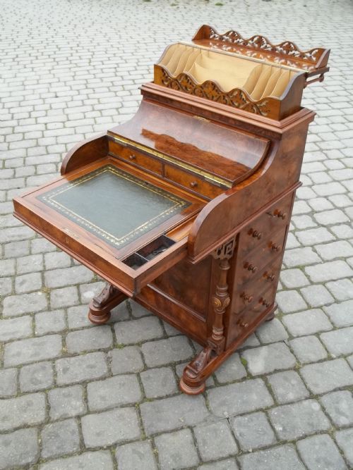 Antique Burr Walnut Piano Top Pop Up Jack in the Box Rising Davenport Writing Table Bureau. C.1860.