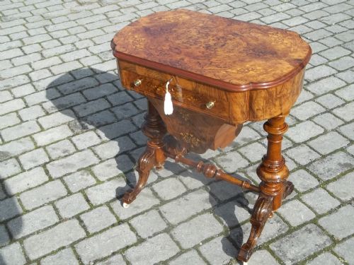 Antique Inlaid Burr Walnut Sewing Table