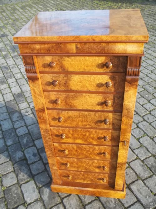 Antique Burr Walnut Wellington Chest Drawers