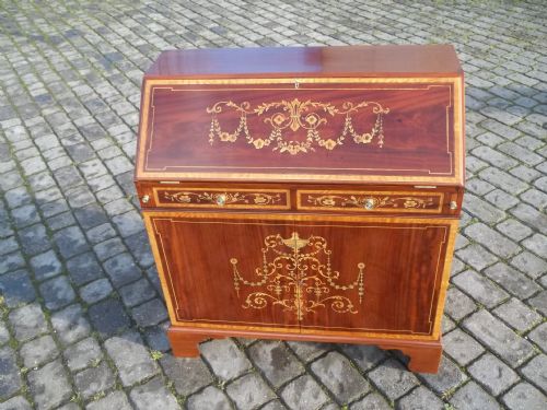 Antique Mahogany Inlaid Writing Bureau Desk with Cupboard Base