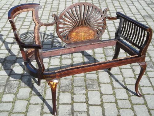 Antique Mahogany Inlaid Settee Upholstered Two Seat Sofa Couch