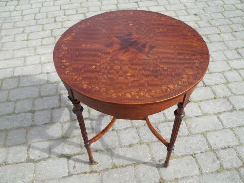 Antique Mahogany Maples & Co Edwardian Marquetry Inlaid Lamp Side Wine Occasional Centre Center Table