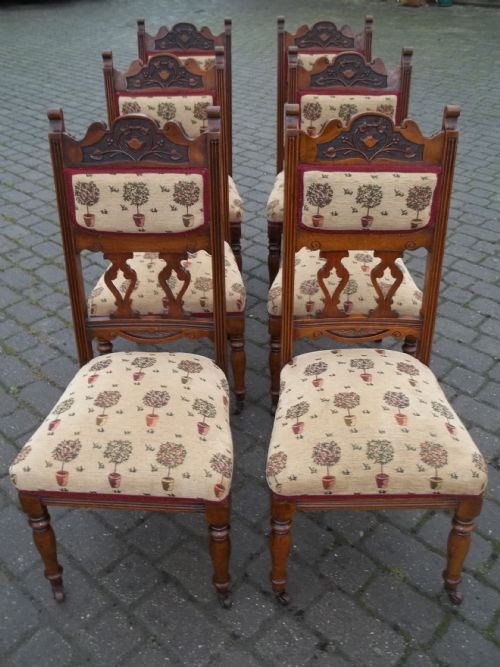 Antique Set of Six Oak Art Nouveau/crafts Upholstered Dining Chairs
