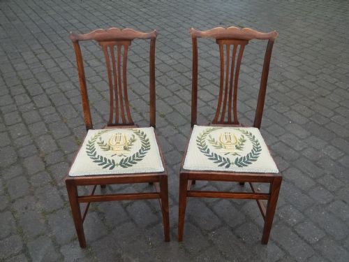 Antique Pair Side Occasional Desk Hall Bedroom Desk Tapestry Upholstered Chairs.