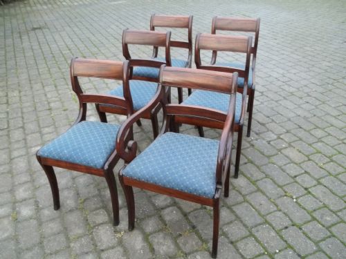 A Stunning Set of Six Cuban Mahogany Regency Sabre Leg Upholstered Dining Chairs