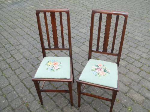 Antique Pair of Tapestry Upholstered Bedroom Hall Side Occasional Desk Chairs.