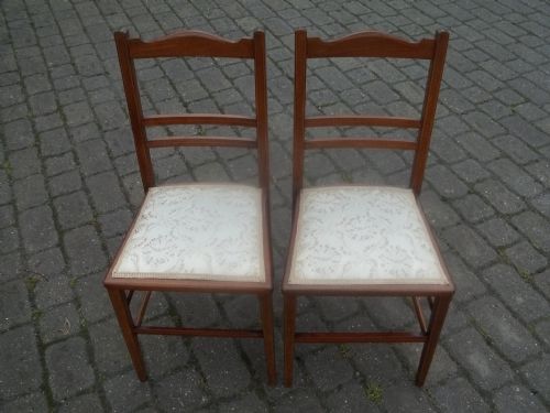 A Pair of Antique Mahogany Inlaid Edwardian Side Occasional Bedroom Upholstered Hall Chairs