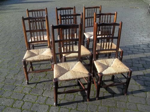 Antique Set of Eight Lancashire Georgian Spindle Back Ash and Elm Ladder Kitchen Farmhouse Dining Chairs Six