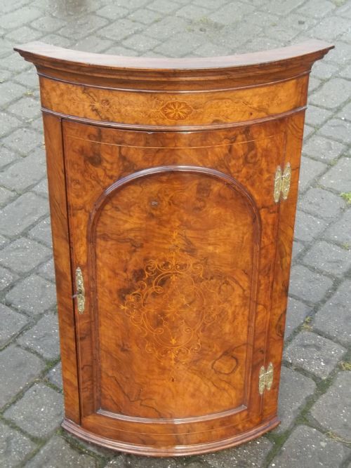 A Rare Antique Burr Walnut Marquetry Inlaid Barrel Bow Fronted Hanging Display Cabinet Cupboard