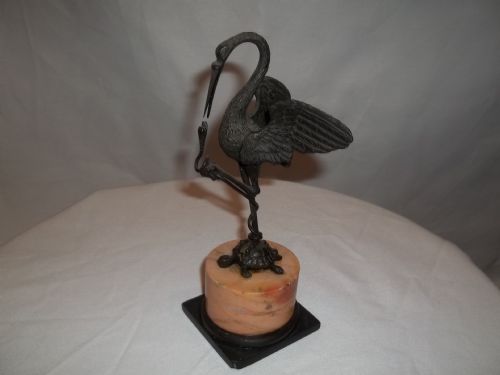 Antique 19th Century Bronze Sculpture of a Standing Crane Heron or Stork Bird a Top a Marble Plinth