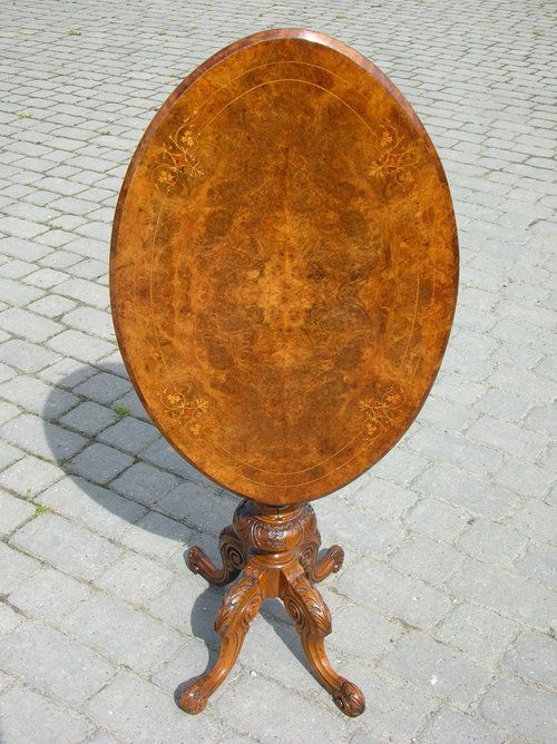 Antique £1595 Burr Walnut Marquetry Inlaid Oval Tilt Top Tripod Type Occasional Centre Wine Lamp Side Table.c.1860.