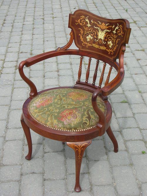 Antique Mahogany Marquetry Inlaid Desk Armchair Upholstered Occasional Easy Elbow Reading Edwardian Chair