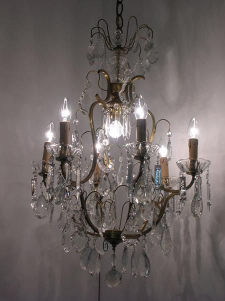 Antique French Birdcage Brass and Crystal Chandelier Light