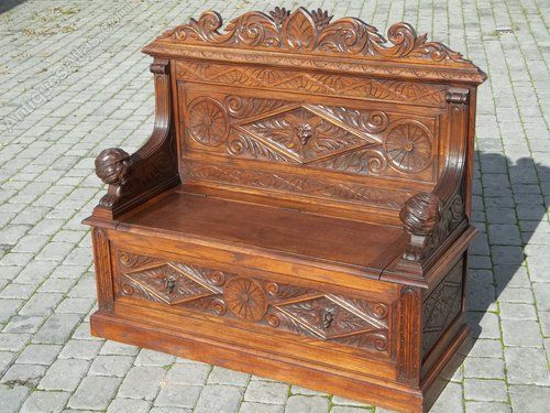 Antique Oak 19th Century Victorian Carved Oak Box Settle Hall Seat Bench