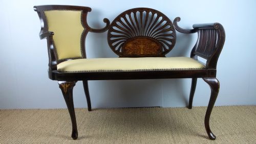 Antique Inlaid Mahogany Upholstered Two Seat Salon Cameo Armchair Settee Sofa Window Couch. C.1900.
