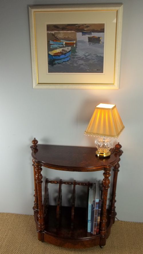 A Demi-lune Burr Walnut Canterbury Lamp Side Table Whatnot. C.1860.