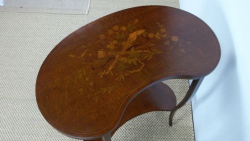 ANTIQUE MAHOGANY MARQUETRY INLAID LAMP OCCASIONAL KIDNEY SHAPED SMALL SIDE WINE WRITING LADIES SOFA TABLE C1895 - ADDITIONAL PHOTO 1