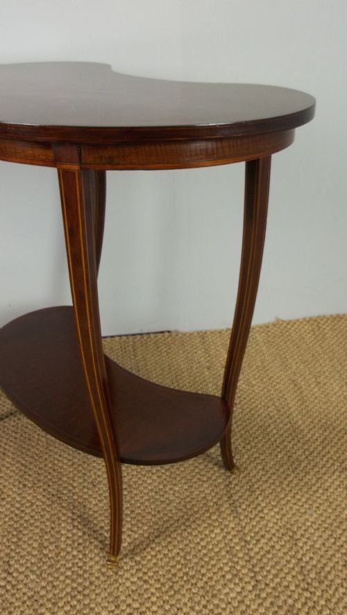 ANTIQUE MAHOGANY MARQUETRY INLAID LAMP OCCASIONAL KIDNEY SHAPED SMALL SIDE WINE WRITING LADIES SOFA TABLE C1895 - ADDITIONAL PHOTO 2