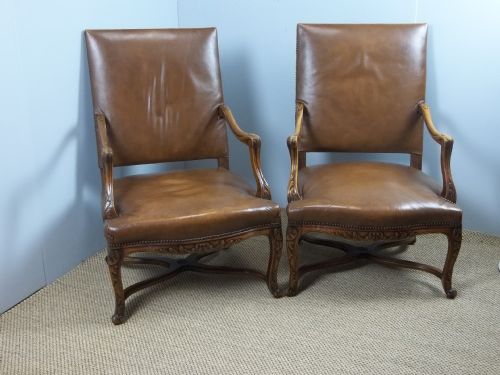 A Fabulous Pair of Leather Upholstered 19th Century Walnut Framed Gainsborough French Fauteuil Easy Open Elbow Library Reading Armchairs. C.1890.