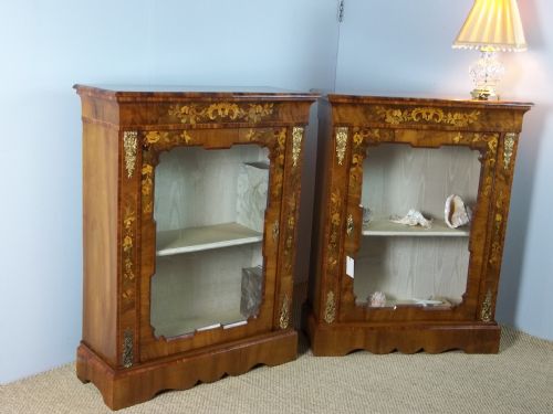 A Stunning Pair of Walnut Marquetry Inlaid Pier Console Side Display Curio Collectors Cabinets with Gilt Bronze Mounts. C.1870.
