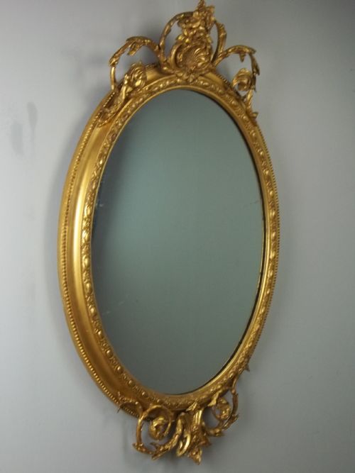A Fabulous Quality Large 19th Century Oval Water Gilt Wall Mirror Gilded Looking Glass. C.1850.