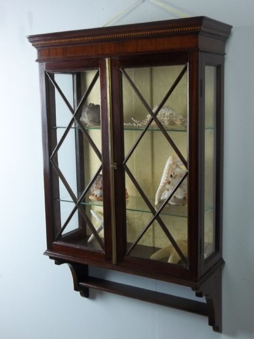 Edwardian Mahogany Small Narrow Inlaid Hanging Glazed Wall Display Cabinet. C.1900.