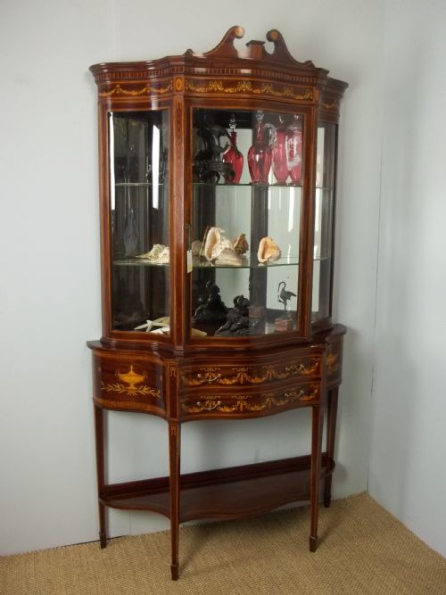 Antique  Edwards and Roberts Mahogany Marquetry Inlaid Serpentine Fronted Collectors Display Cabinet Vitrine